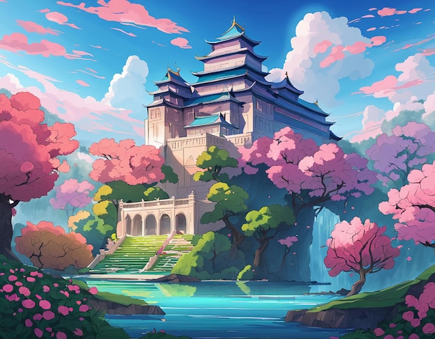 Foto alberi di fiori rosa in stile comico del fumetto e carta da parati del fondo dell'illustrazione del castello di fantasia