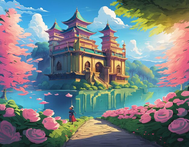 Cartoon comic style pink flowers trees and fantasy castle illustration background wallpaper
