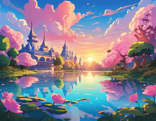 Cartoon comic style pink flowers trees and fantasy castle illustration background wallpaper