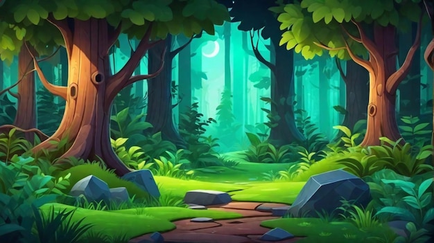 Cartoon computer games night forest landscape