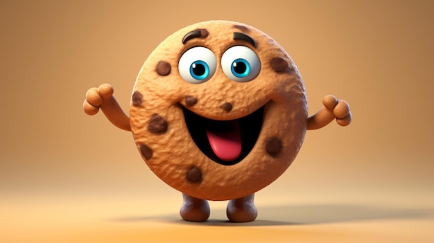 A cartoon of a cookie with blue eyes and a big smile.