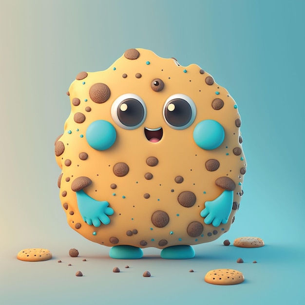 A cartoon cookie with blue eyes and a blue face that says " cookie ".