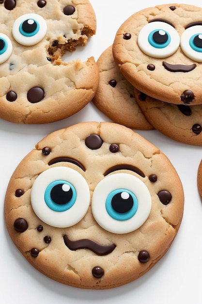 Cartoon cookie with a face and eyes on a white background generative ai