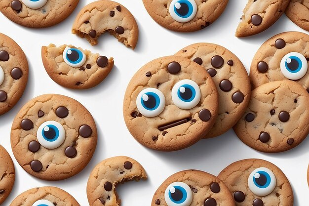 Foto cookie di cartone animato con una faccia e occhi su uno sfondo bianco generativo ai