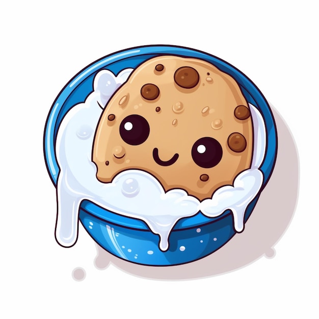 Photo cartoon cookie with milk in a bowl with spoon generative ai