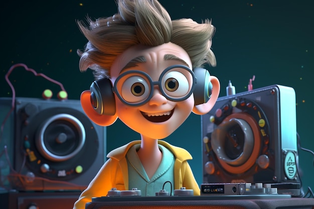 Cartoon Cool kid DJ с вертушками и бумбоксом Generative AI