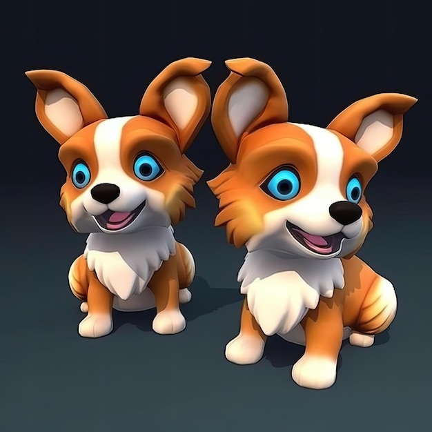 Cartoon Corgi dogs sitting on dark background 3D Illustration