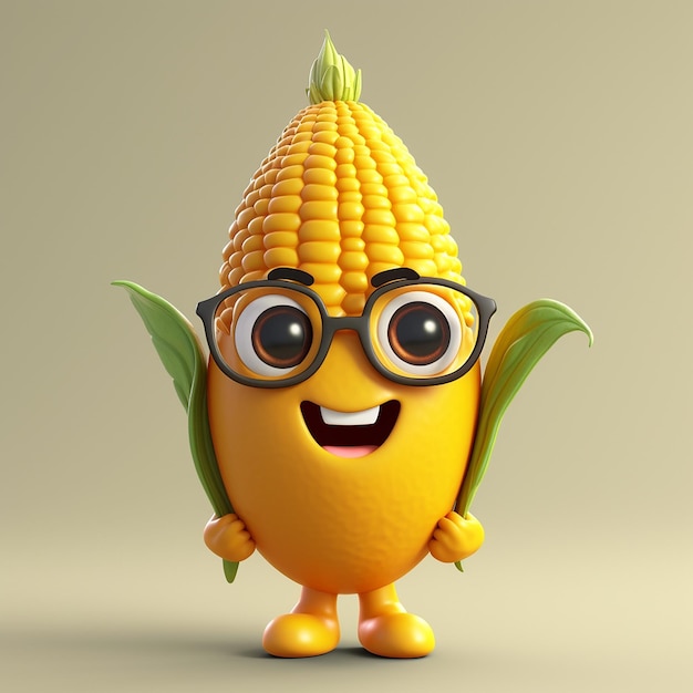 A cartoon corn character with glasses and a black nose.