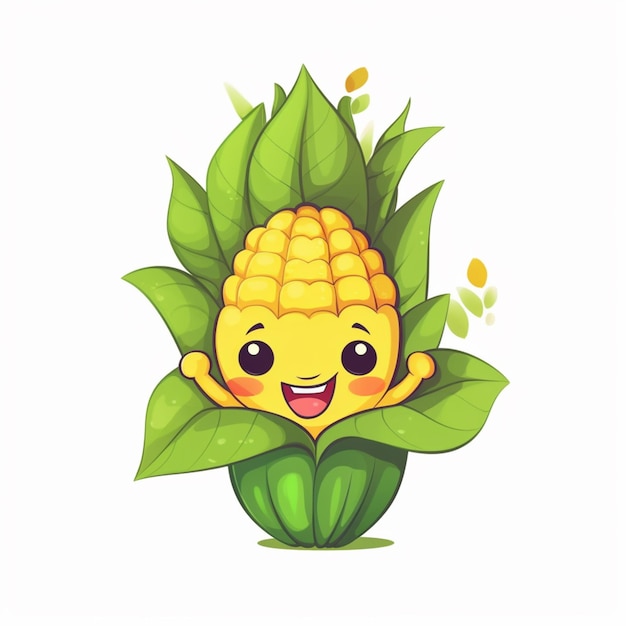 Cartoon corn on the cob with leaves and a smile generative ai