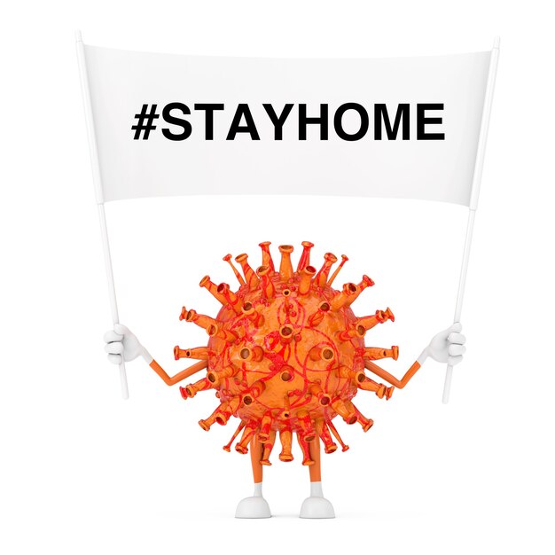 Foto cartoon coronavirus covid-19 mascotte persoon karakter met witte banner met stay home teken op een witte achtergrond. 3d-rendering