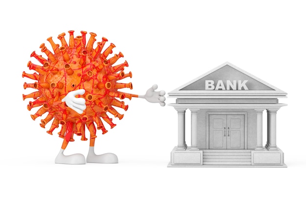 Foto cartoon coronavirus covid-19 mascotte persoon karakter probeer het bankgebouw te vernietigen als symbool van het financiële wereldsysteem op een witte achtergrond. 3d-rendering