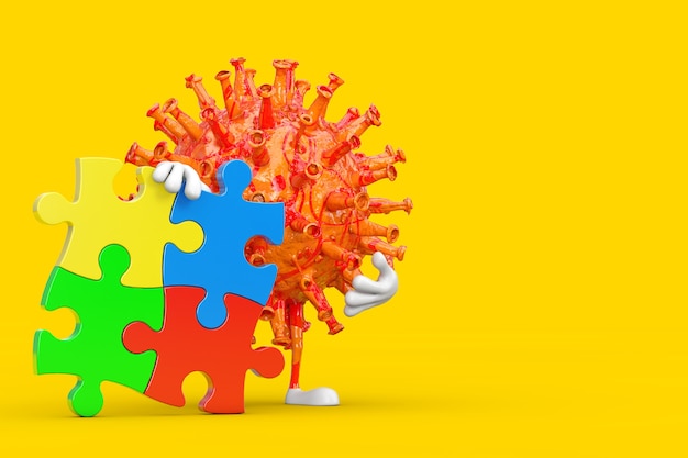 Cartoon Coronavirus COVID-19 Virus Character Mascot Person with Four Pieces of Colorful Jigsaw Puzzle on a yellow background. 3d Rendering