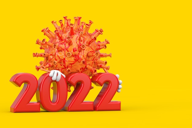 노란색 배경에 2022년 새해 기호가 있는 만화 코로나바이러스 COVID-19 바이러스 마스코트 인물. 3d 렌더링