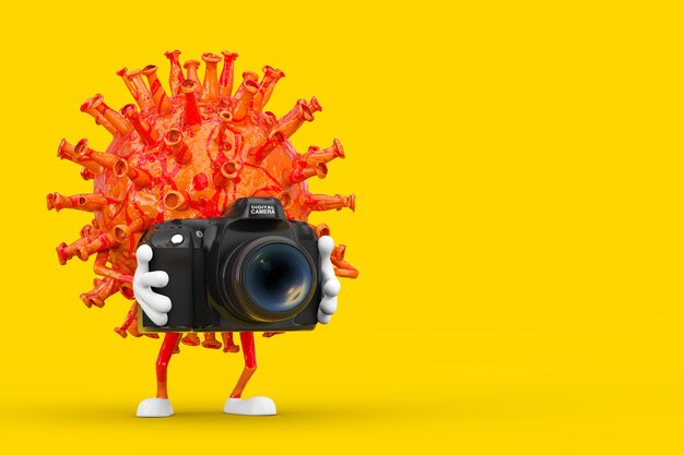 Cartoon Coronavirus COVID-19 Virus Mascot Person Character with Modern Digital Photo Camera on a yellow background. 3d Rendering