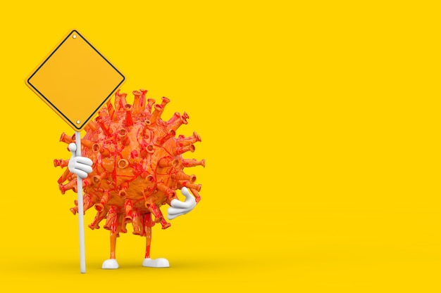 Cartoon coronavirus covid-19 virus mascot persona personaggio e cartello stradale giallo con spazio libero per il tuo design su sfondo giallo. rendering 3d