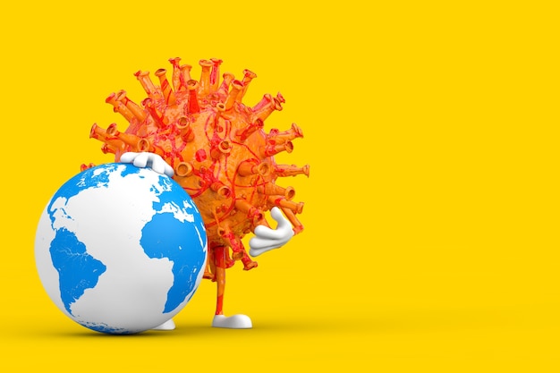 Cartoon coronavirus covid-19 virus mascotte persoon karakter met earth globe op een gele achtergrond. 3d-rendering