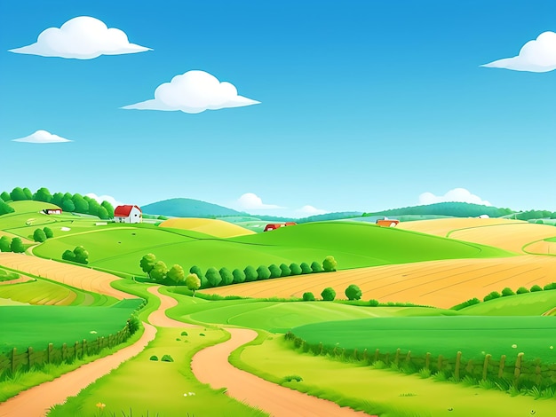 Cartoon countryside path through farm fields on hills farmland road among trees of forest