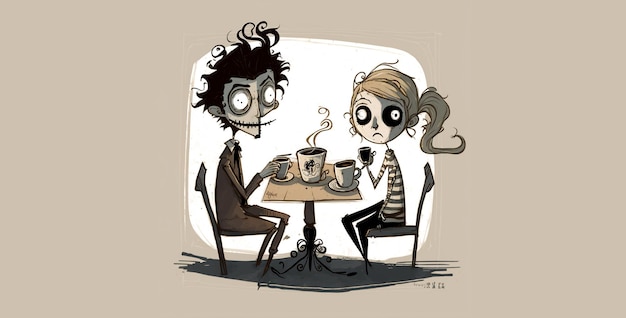 A cartoon of a couple having a cup of coffee.