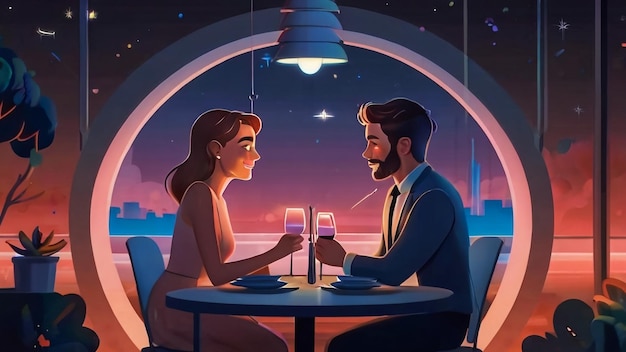 Photo a cartoon of a couple having dinner at a restaurant