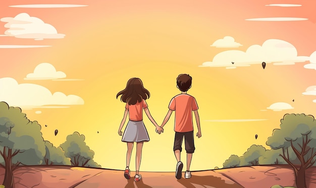 a cartoon of a couple holding hands and walking down a road