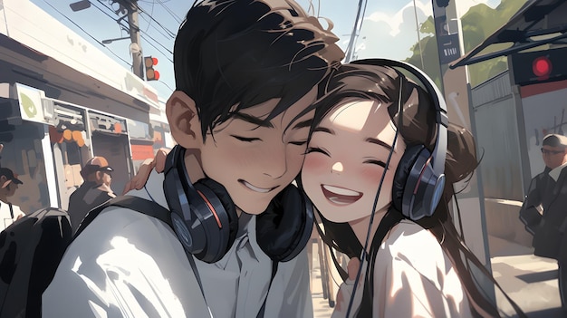 A cartoon of a couple hugging with headphones on their heads.