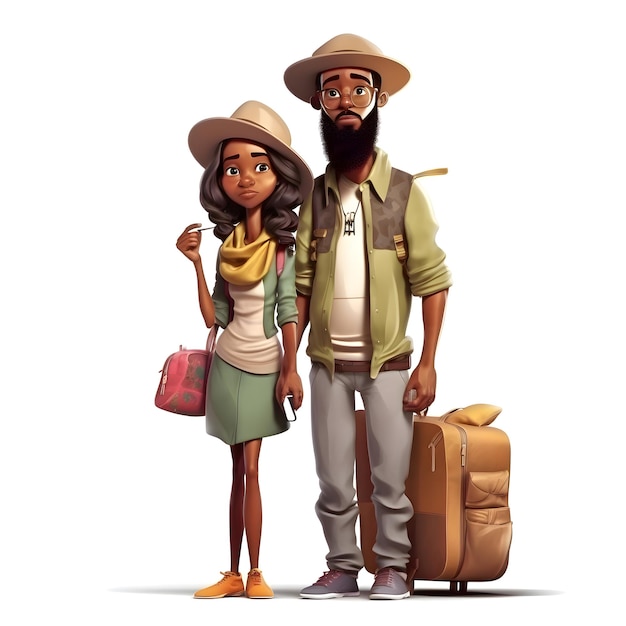 Cartoon couple of tourists standing in front of pyramids illustration