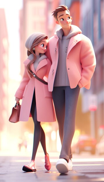 Cartoon couple walking down the street in a city generative ai