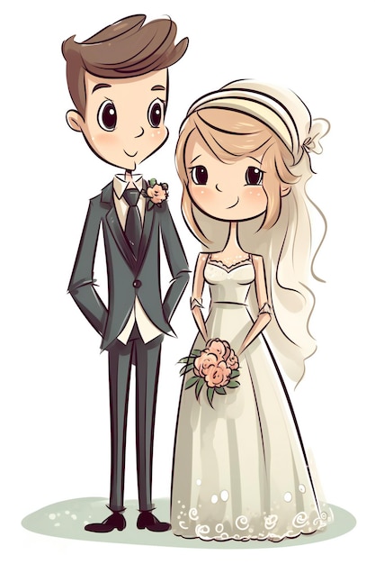 A cartoon of a couple in a wedding dress and a bouquet of flowers.