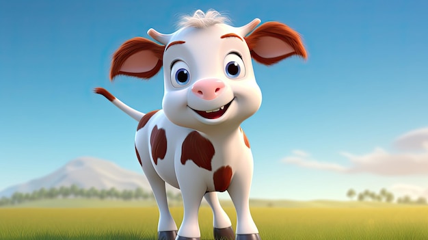 Cartoon Cow in Grassy Field