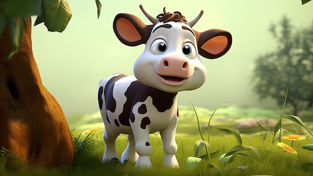 Photo cartoon cow in grassy field