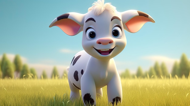 Cartoon Cow in Grassy Field