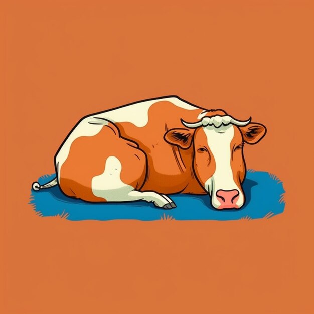 Cartoon cow laying down on the ground with its head on the ground generative ai