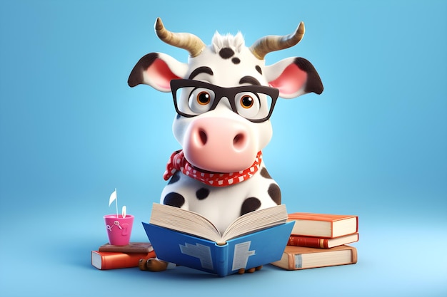 A cartoon cow reading a book