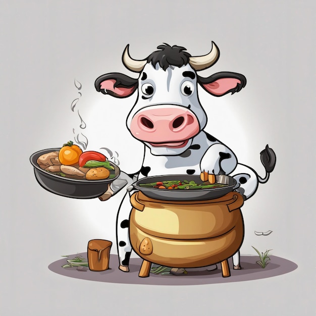 A Cartoon Cow shafe cooking funny white background