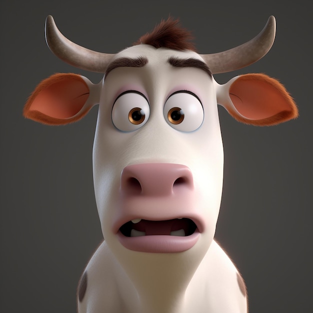A cartoon cow with a brown nose and a brown nose is looking at the camera.