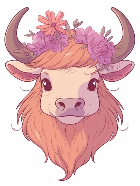 Photo a cartoon cow with a flower crown on its head generative ai