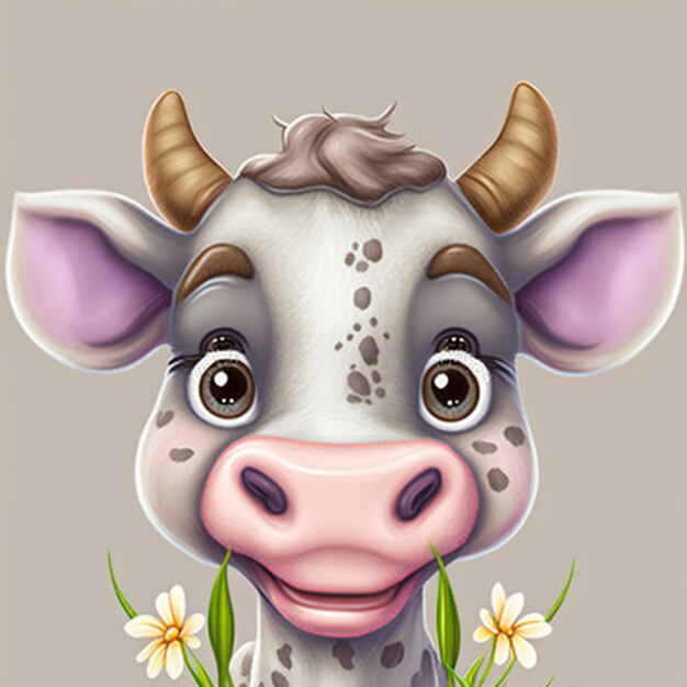 Cartoon cow with flower in mouth generative ai