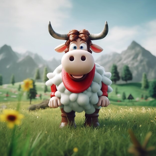 A cartoon cow with a red nose and a red nose stands in a field.