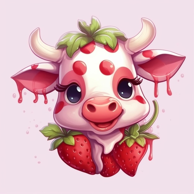 Photo cartoon cow with strawberry on head generative ai