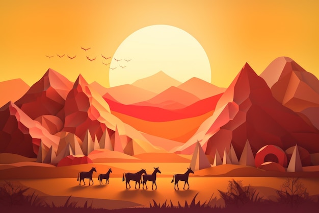 A cartoon of cows walking in a field with mountains in the background.