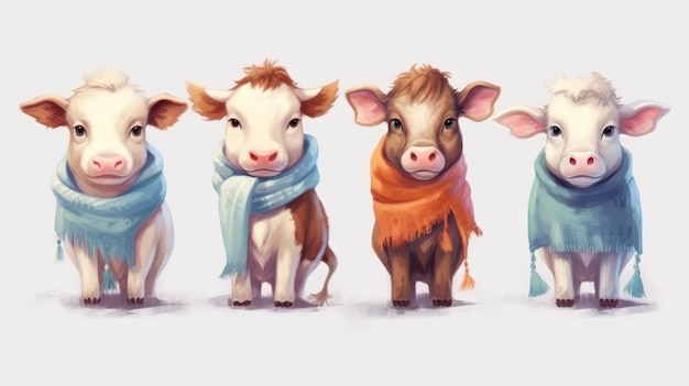 A cartoon of cows wearing a scarf and a scarf