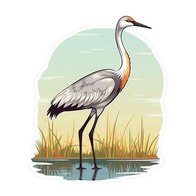 a cartoon crane standing in the water with grass and water generative ai