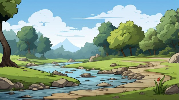 Photo cartoon creek landscape serene prehistoric game asset