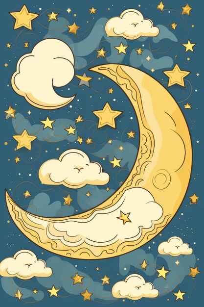 Photo a cartoon crescent with clouds and stars in the sky