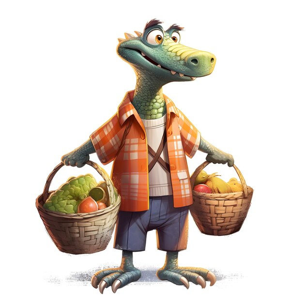 Мультфильм крокодила, держащего две корзины с фруктами и овощами.