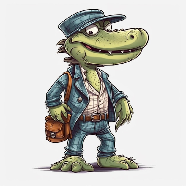 Photo cartoon crocodile in a suit and hat with a briefcase generative ai