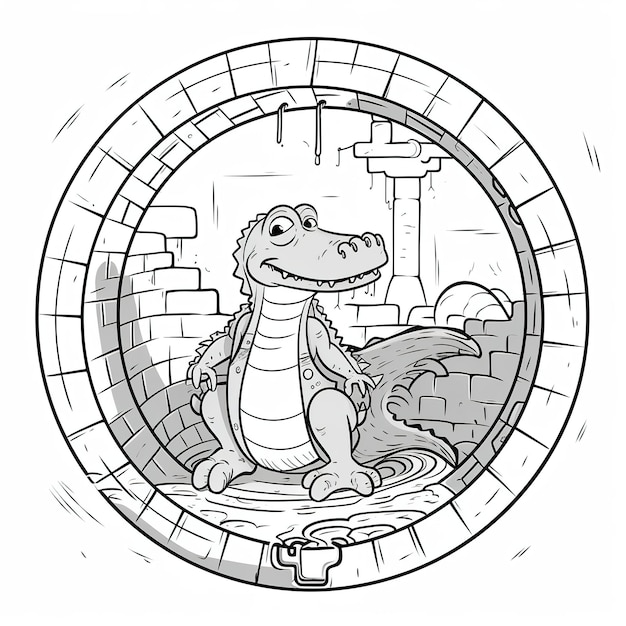 A cartoon of a crocodile in a tunnel with a brick wall in the background.