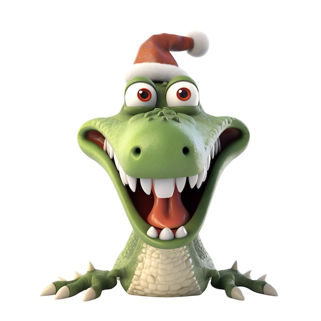 Cartoon crocodile with christmas hat on white background 3D Illustration