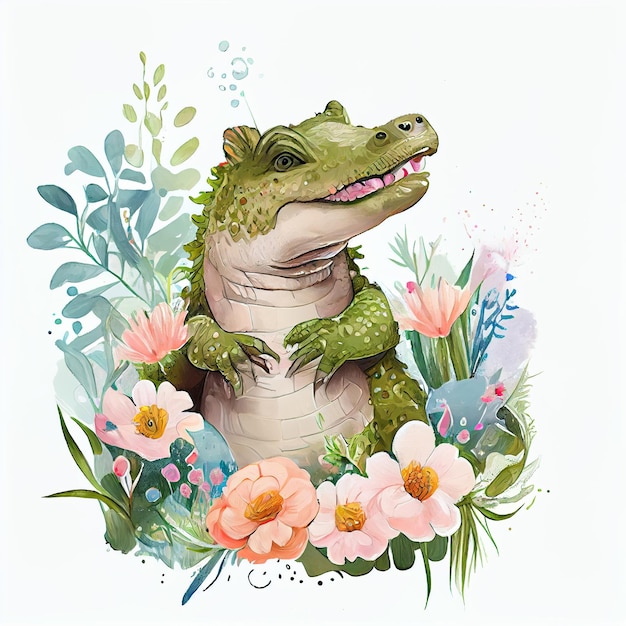A cartoon of a crocodile with a pink flower in the middle.