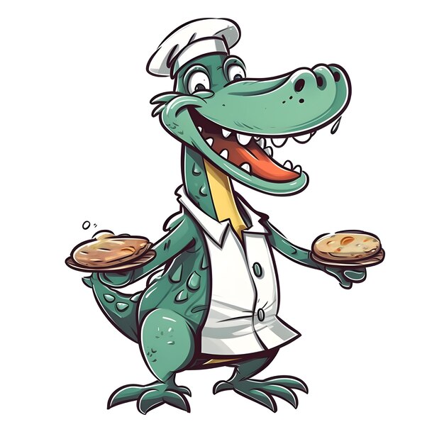 A cartoon crocodile with a white shirt and a hat holding a plate of food